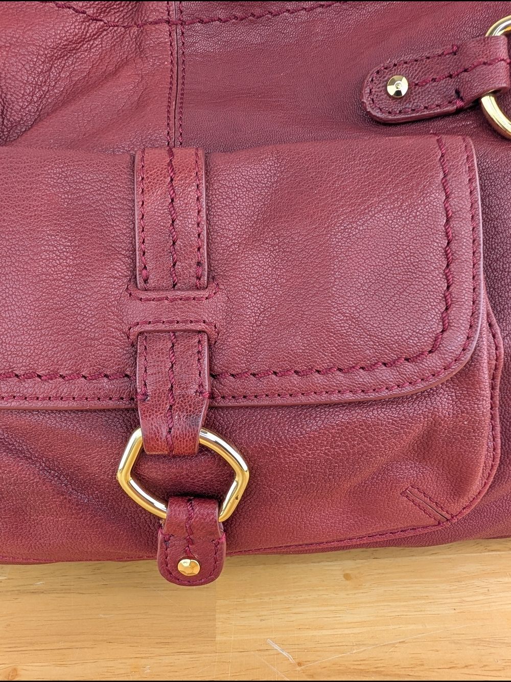 Sigrid Olsen Red Pebbled Leather Satchel Shoulder Bag Gold Stud Hardware Detail - Picture 9 of 16